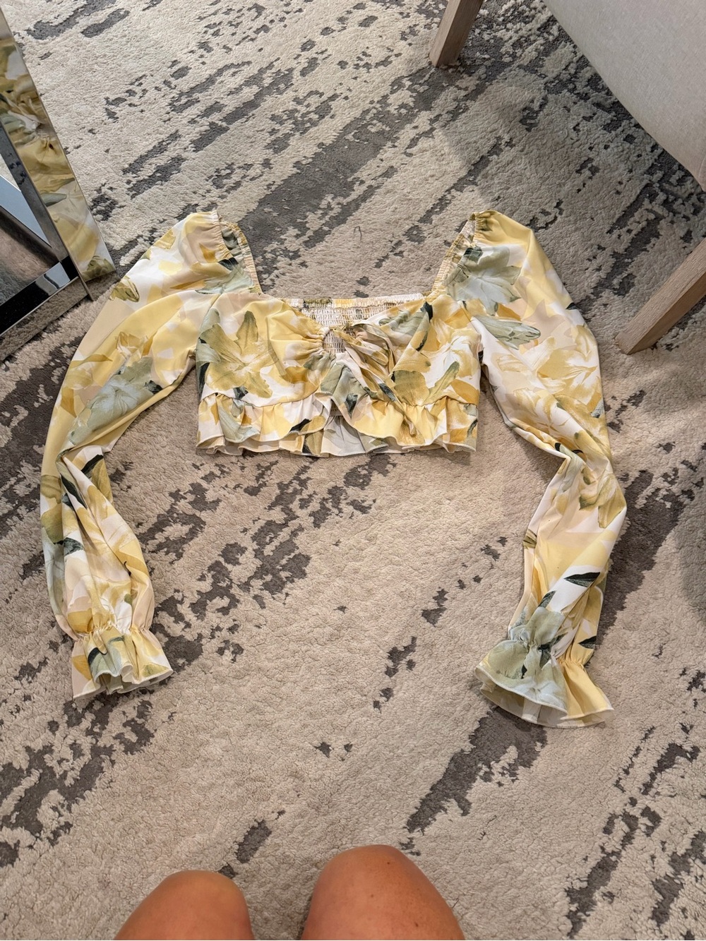 SHEIN Yellow Floral Puff-Sleeve Tie-Front Crop Top